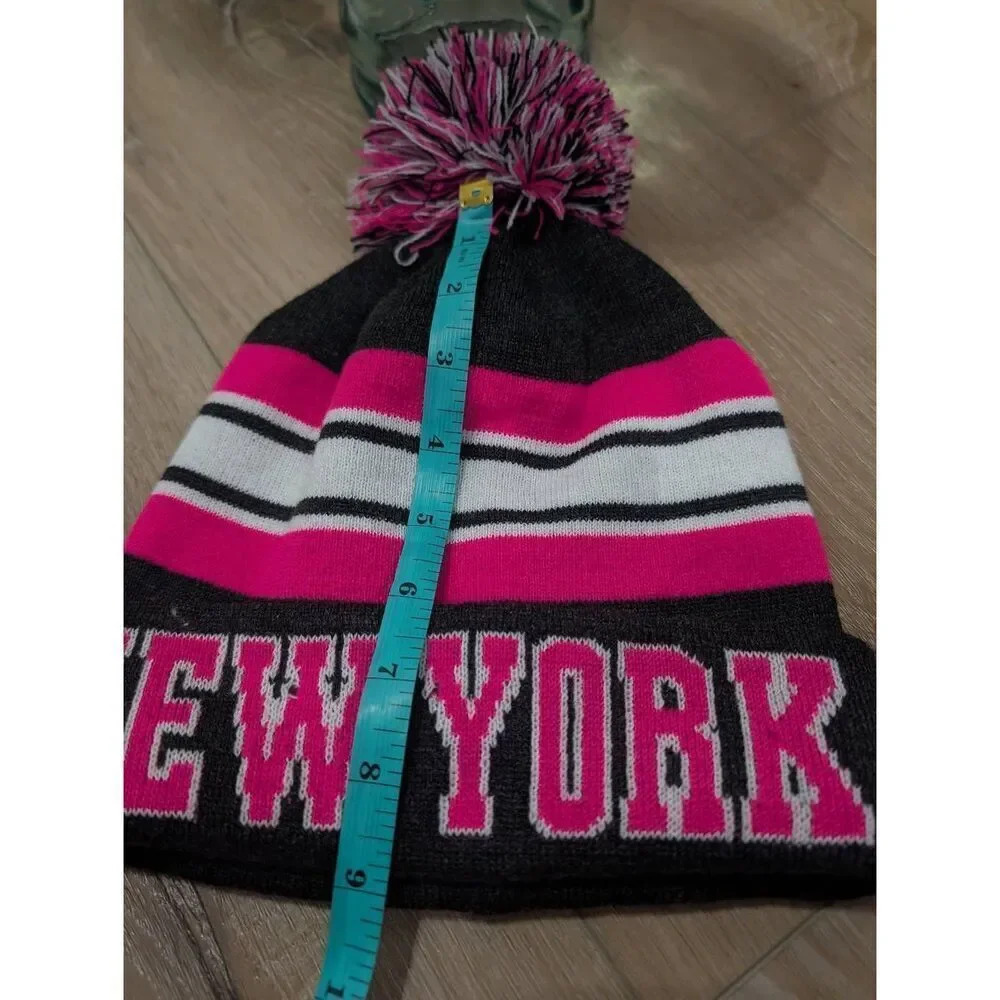 New York Pink Navy Pom Pom Beanie Hat Women’s Winter Knit Cap READ